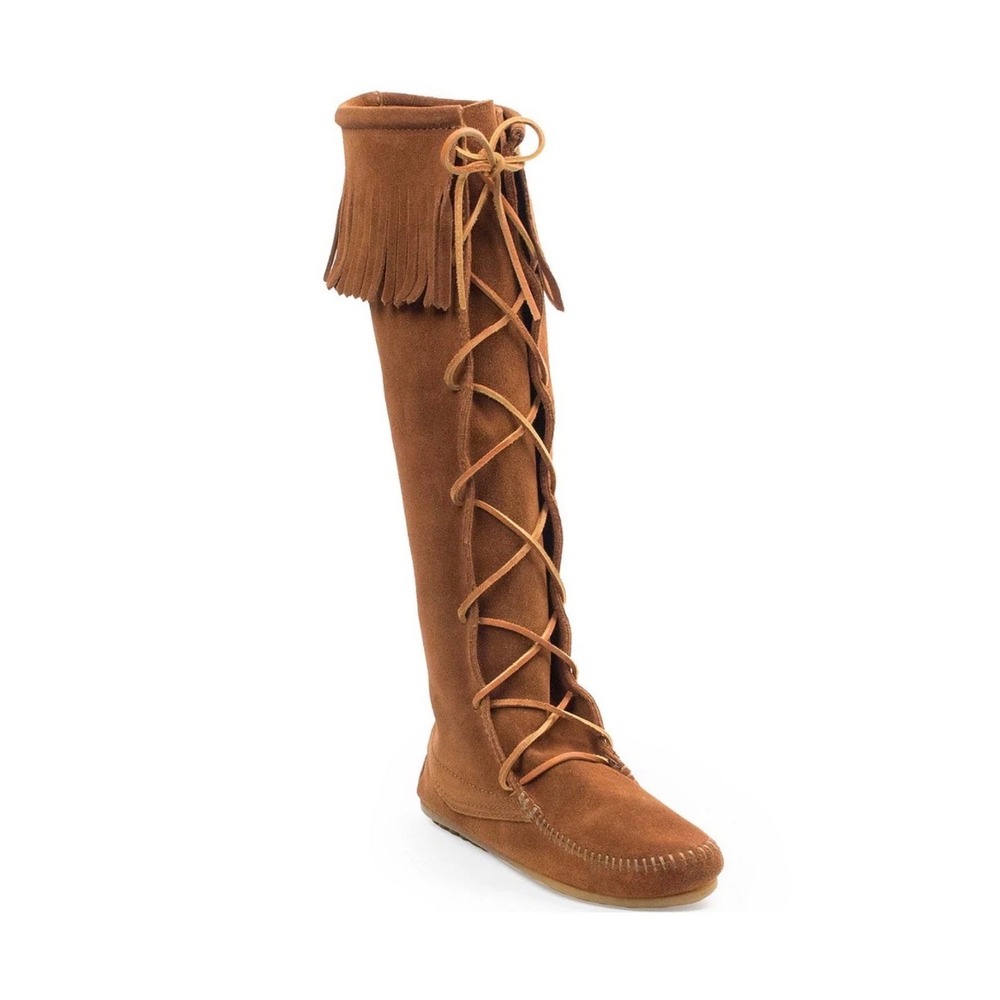 Minnetonka Hardsole Suede Fringe Tall Lace Up Boots Brown Suede Moccasin Women 7
